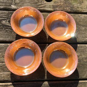 4 Fire King Berry Cups / Peach Luster Orange Iridescent Oven Ware Carnival Glass